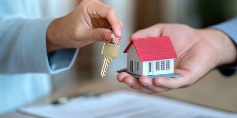 A transaction involving a miniature house and keys symbolizes home ownership or real estate dealings.
