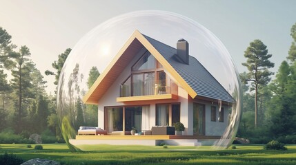 Modern house inside a transparent bubble of green trees landscape, representing the concept of protection and property insurance