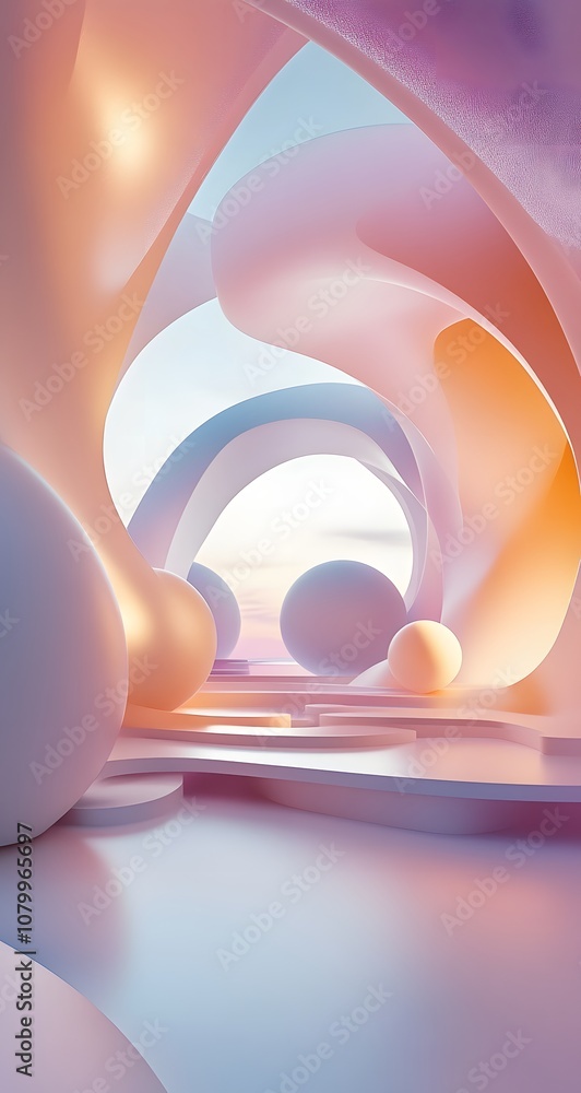 Poster 14. a polished 3d environment with soft lighting and abstract shapes, offering ample space for a pro