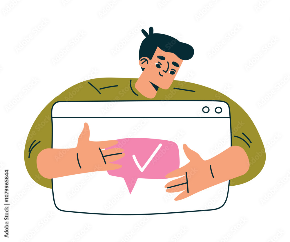 Aufkleber productive workflow with man hold window screen managing task vector illustration