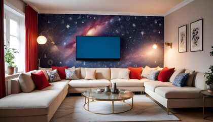 Scandinavian living room interior design zoom background,Doodle patterned wallpaper graphics
