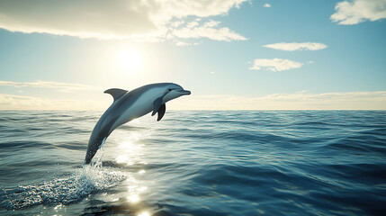 Obraz premium A realistic dolphin jumping out of the water, with a clear blue sky and the sun shining on it