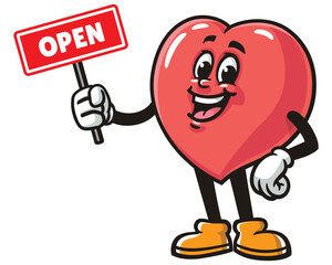 Love Heart with open sign,  Cartoon Mascot Illustration Character Vector Clip-art Hand-drawn Logo Design