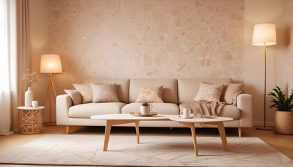 Scandinavian living room interior design zoom background,Doodle patterned wallpaper graphics