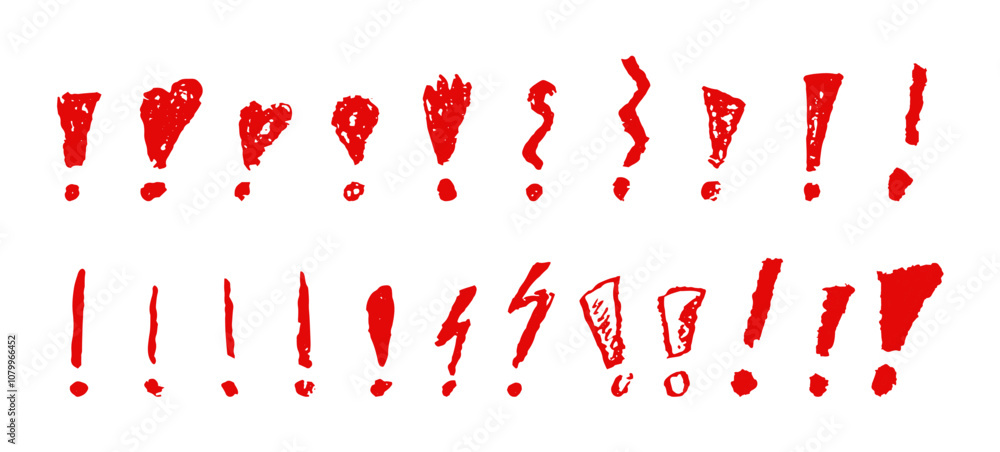 Poster exclamation marks symbols set. red crayon hand written signs. doodle icons collection for emphasize 