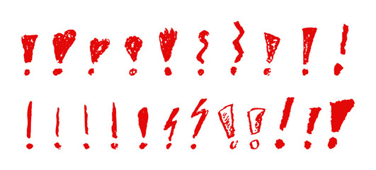 Exclamation marks symbols set. Red crayon hand written signs. Doodle icons collection for emphasize important or dangerous warning text. Vector sketch or graffiti style exclamation marks.