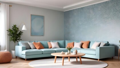 Scandinavian living room interior design zoom background,Doodle patterned wallpaper graphics