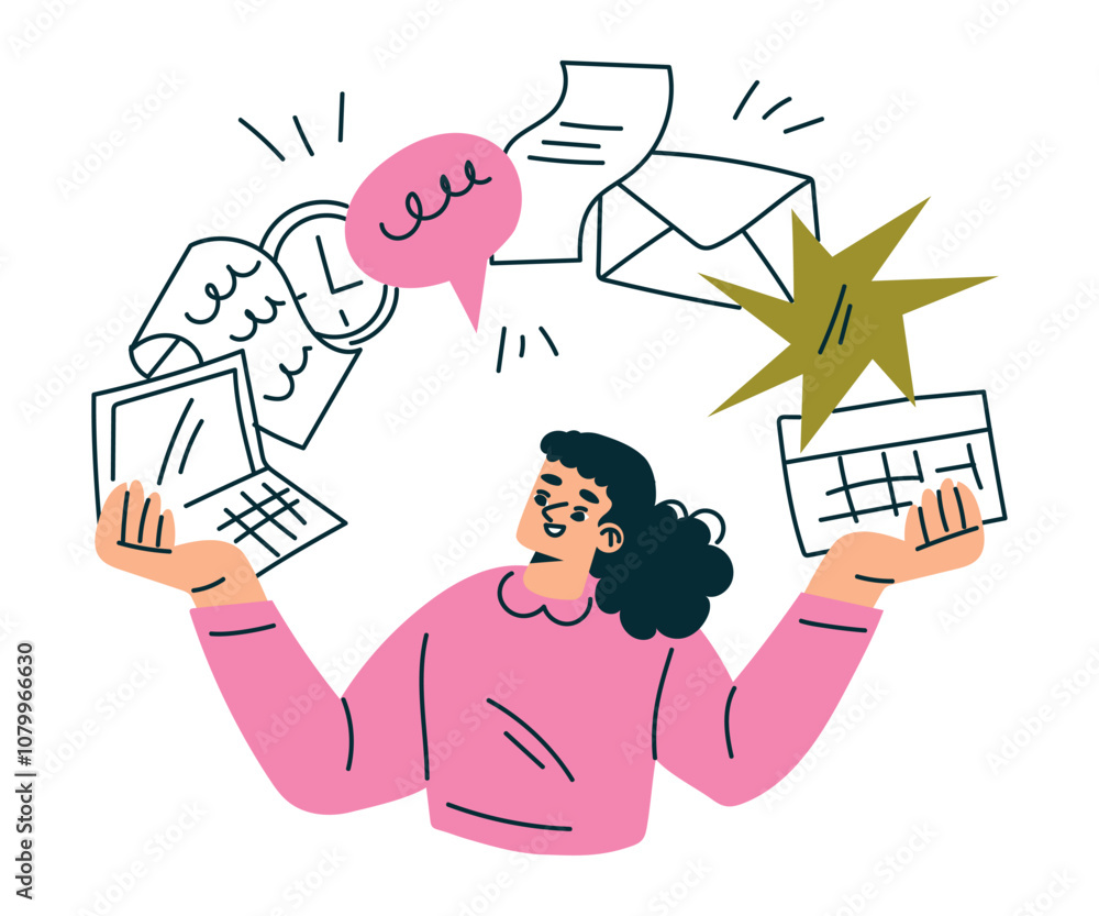 Aufkleber productive workflow with woman multitasking managing task vector illustration