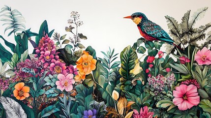 Hummingbird in Flight Amongst Flowers