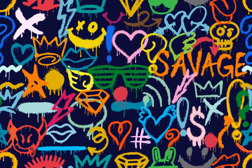 Obraz premium Seamless pattern graffiti spray. Vector symbols paint drips, devil, skull, heart, crown, thunder, arrow, spray texture. Graffiti elements paint is spreading for banner, decoration, fabric, street art.
