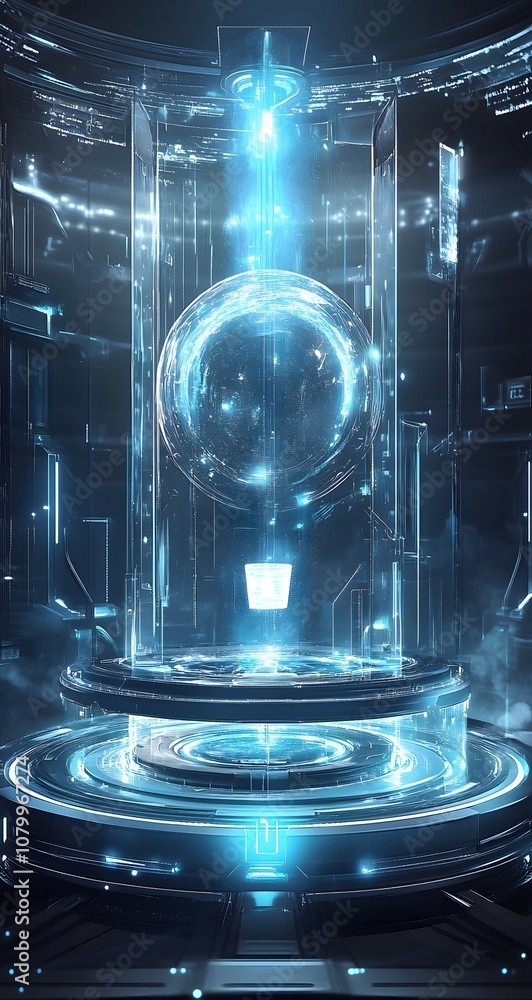 Poster 17. a high-tech 3d display with holographic elements, rotating platforms, and a central space for a 