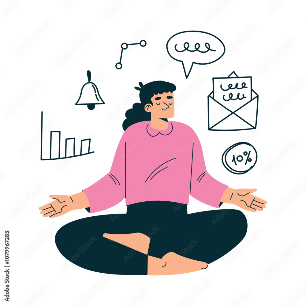Poster productive workflow with woman sit in meditation pose managing task vector illustration