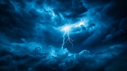 A single lightning bolt piercing through dark storm clouds in a dramatic night sky
