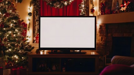 A blank TV screen in a cozy living room decorated for Christmas, with a festive tree and garlands, perfect for holiday movie previews