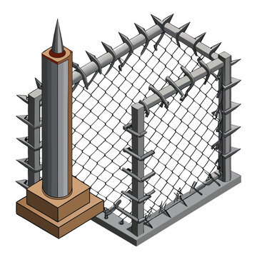 Chain-link, rabitz fence fragment with metallic pillars and barbed or razor wire 3d realistic vector illustration isolated. Secured territory, protected area or prison fencing