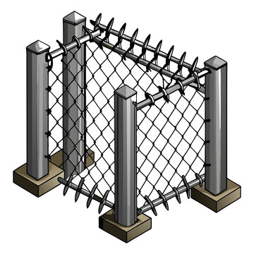 Chain-link, rabitz fence fragment with metallic pillars and barbed or razor wire 3d realistic vector illustration isolated. Secured territory, protected area or prison fencing