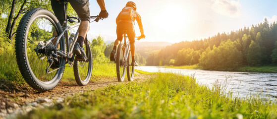 Two cyclists riding on scenic trail beside river during sunset, enjoying nature