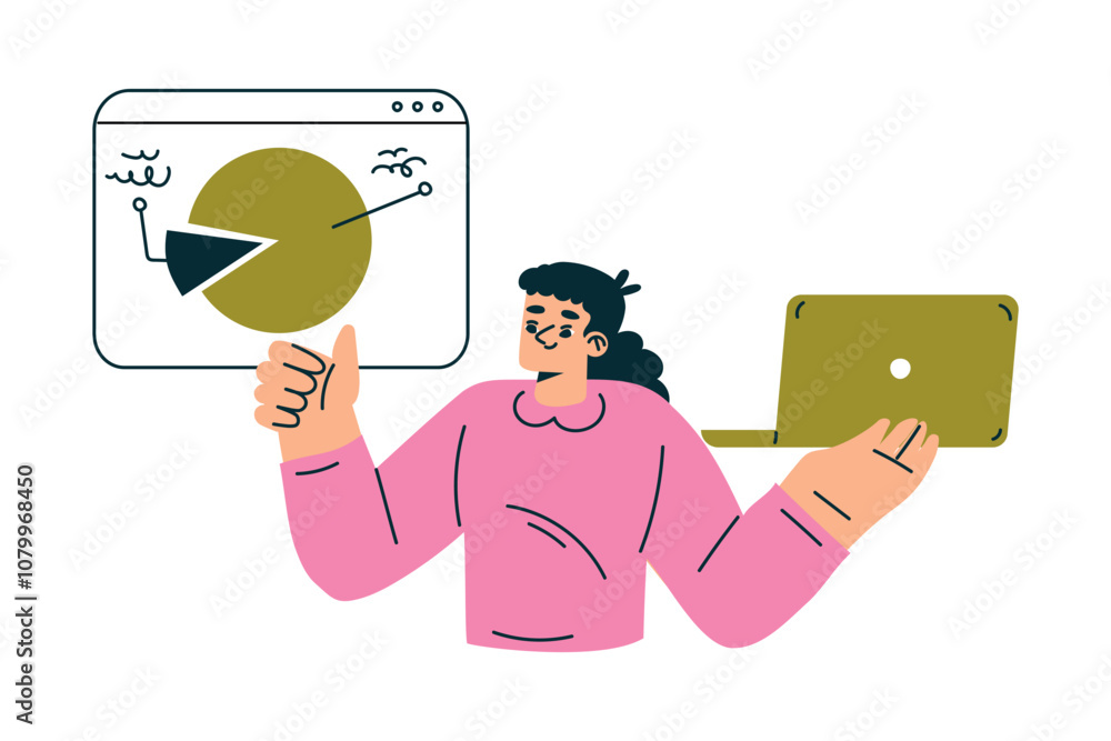 Poster productive workflow with woman with laptop and chart managing task vector illustration