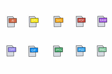Digital document icon set AI,EPS,SVG,PDF,RAW,TIFF,GIF,JPEG,PSD,PNG