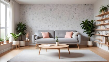Scandinavian living room interior design zoom background,Doodle patterned wallpaper graphics