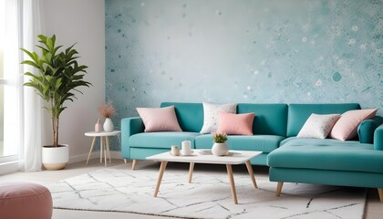Scandinavian living room interior design zoom background,Doodle patterned wallpaper graphics