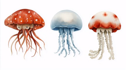 Stunning Watercolor Illustration of Isolated Jellyfish on a White Background, Featuring Unique Colors and Patterns, Perfect for Marine Life Art and Decor
