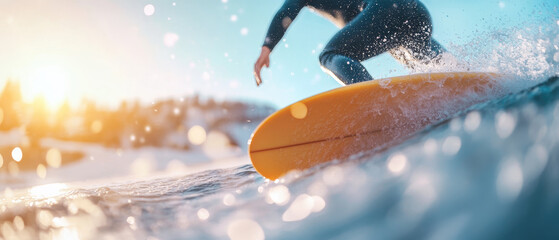 Fototapeta premium Surfing on ocean waves during sunset, showcasing dynamic moment of adventure and excitement. vibrant colors and splashes of water create lively atmosphere