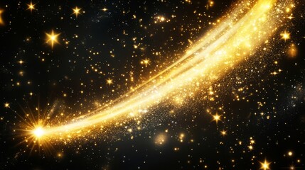 Naklejka premium Bright golden comet tail with sparkling stars and dust, creating a magical festive swirl