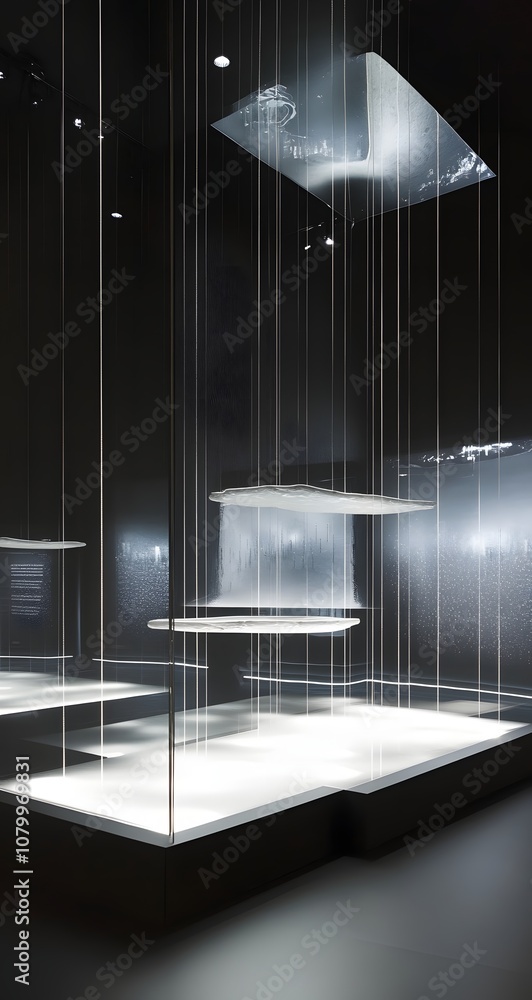 Poster 47. a high-tech 3d display with floating transparent panels, ambient lighting, and an open space for