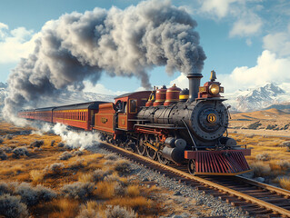 Obraz premium a vintage steam train traveling through a mountainous landscape, with smoke billowing from its engine and a fiery blaze on the back car.