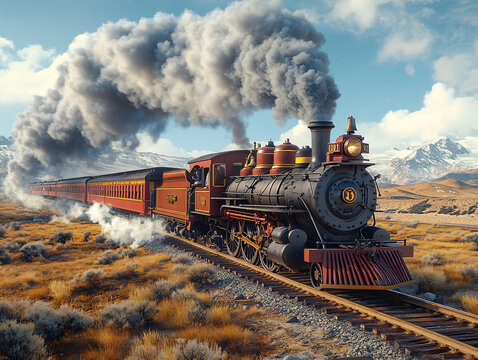 a vintage steam train traveling through a mountainous landscape, with smoke billowing from its engine and a fiery blaze on the back car.