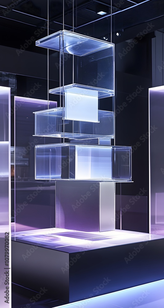 Poster 47. a high-tech 3d display with floating transparent panels, ambient lighting, and an open space for