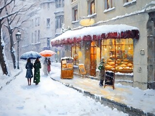 Fototapeta premium A winter oil painting of a bakery at the street corner of an old urban European city, with a few people walking with umbrellas