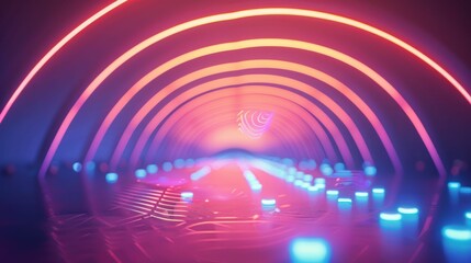 A vibrant, abstract corridor illuminated by neon lights, creating a futuristic atmosphere.