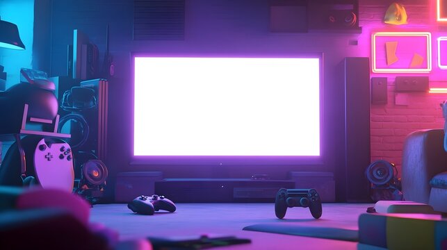 A blank TV screen surrounded by gaming equipment in a living room, with neon lighting, perfect for gaming app or console previews