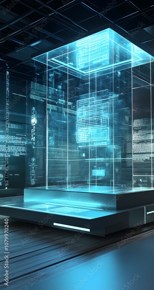 Poster 47. a high-tech 3d display with floating transparent panels, ambient lighting, and an open space for