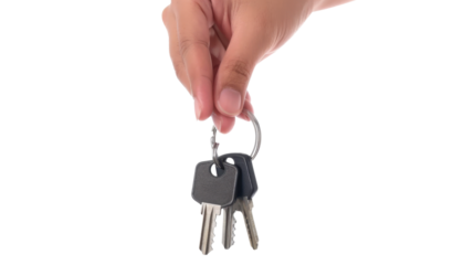 Hand holding house keys on white transparent background
