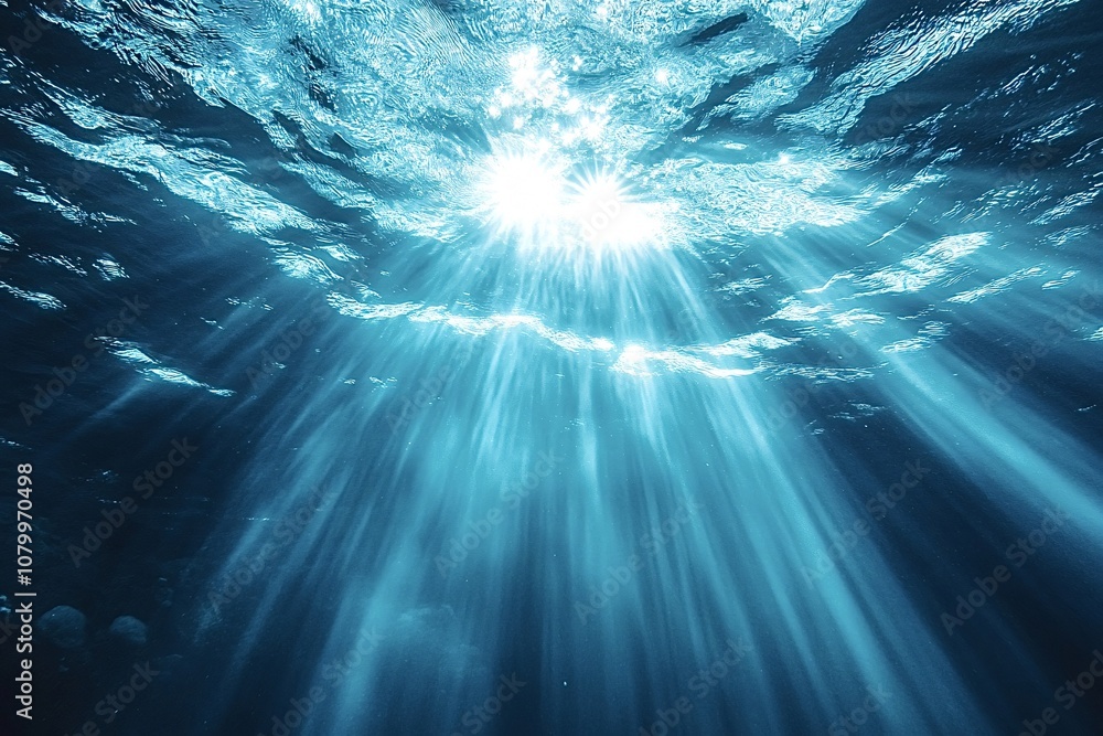Poster sunbeams are filtering through the ocean surface, creating a mesmerizing underwater scene with beaut