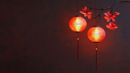 Obraz premium The concept of a minimal background with Chinese lanterns. Beautiful red lanterns adorned with blossoms, creating a serene and festive atmosphere.