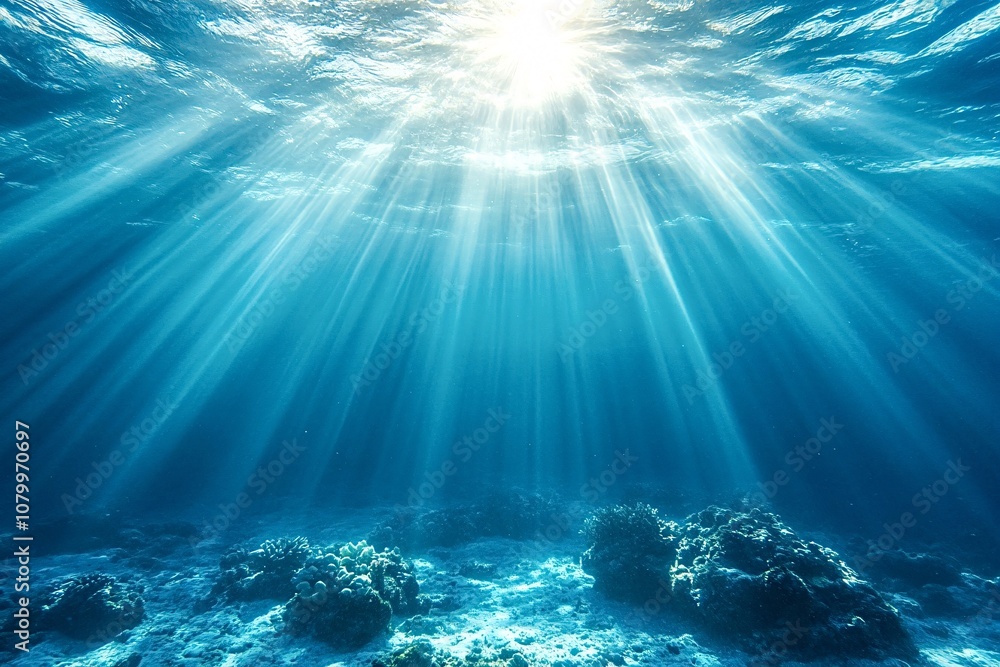 Poster beams of sunlight penetrate the surface of a tranquil ocean. creating a mesmerizing spectacle as the