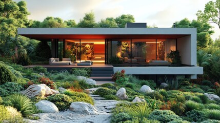 Modern house surrounded by lush greenery and landscaped gardens.