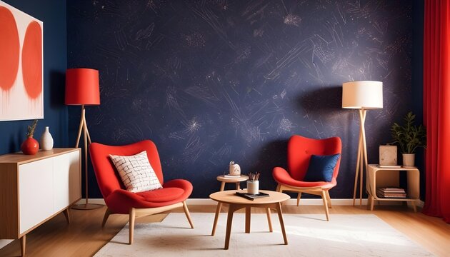 Scandinavian living room interior design zoom background,Doodle patterned wallpaper graphics