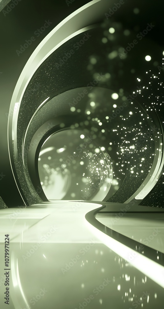 Poster 49. a dynamic 3d space with abstract shapes, glowing accents, and a wide empty area for a product.