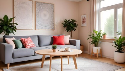 Scandinavian living room interior design zoom background,Doodle patterned wallpaper graphics