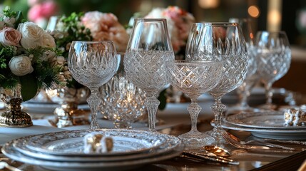 Elegant dining setup with crystal glassware and floral arrangements.
