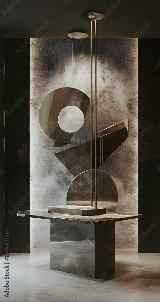 Poster 50. a sleek 3d showcase with metallic textures, floating geometric structures, and ample space for a