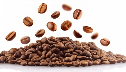 Falling Coffee Beans – Close-Up on White Background