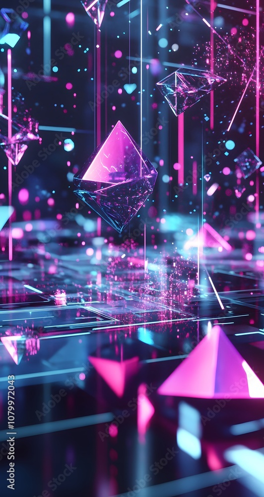 Poster 31. a high-tech 3d showcase with holographic structures, floating geometric elements, and space for 