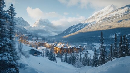 A picturesque view of a ski resort nestled in a valley between snow-covered mountain ranges.