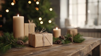 Christmas zero waste Eco friendly packaging gifts in kraft paper and garland.